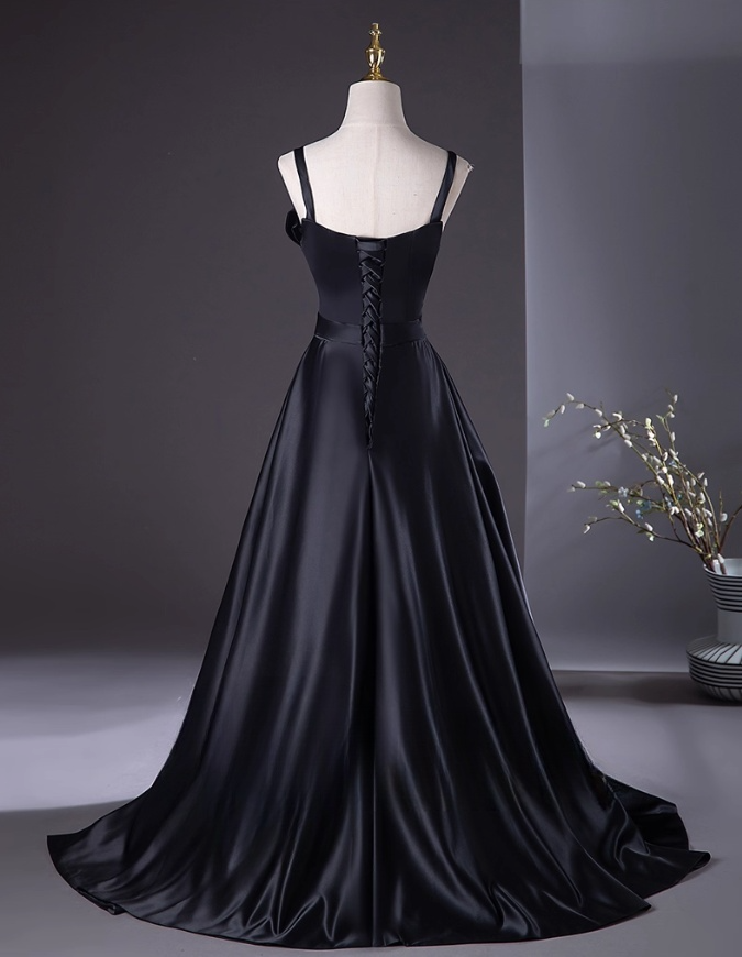 Elegant Black Satin Prom Dress A-Line Evening Gown Spaghetti Strap Party Dress Long Formal Dress DP6925