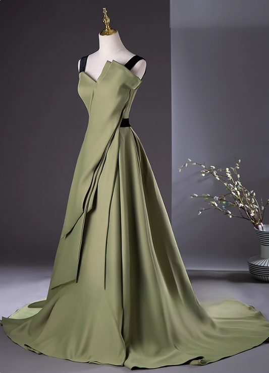 Elegant Olive Green Satin Prom Dress A-Line Evening Gown Strap Party Dress Long Formal Dress DP6926