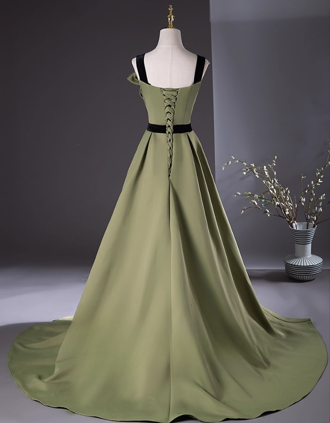 Elegant Olive Green Satin Prom Dress A-Line Evening Gown Strap Party Dress Long Formal Dress DP6926