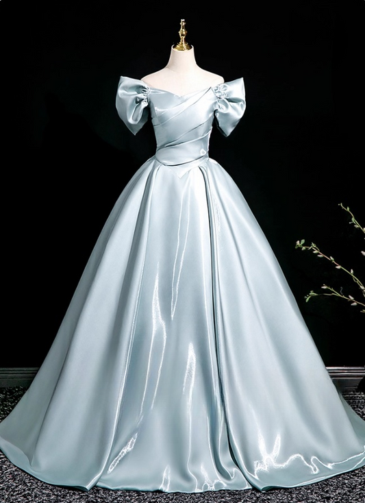 Elegant Sky Blue Satin Sweet 16 Quinceanera A-Line Off-the-shoulder Evening Dress Floor Length Ball Gown DP6928