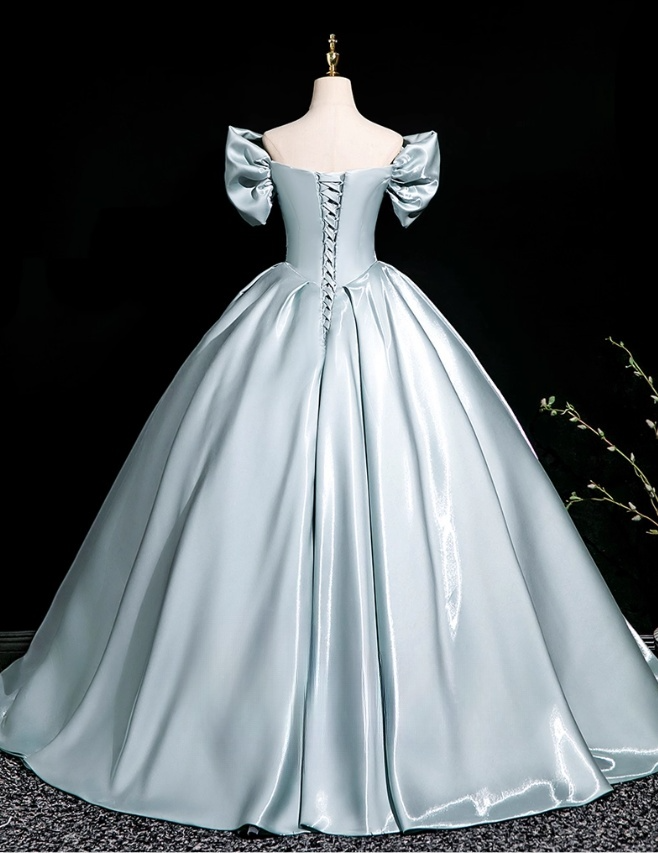 Elegant Sky Blue Satin Sweet 16 Quinceanera A-Line Off-the-shoulder Evening Dress Floor Length Ball Gown DP6928
