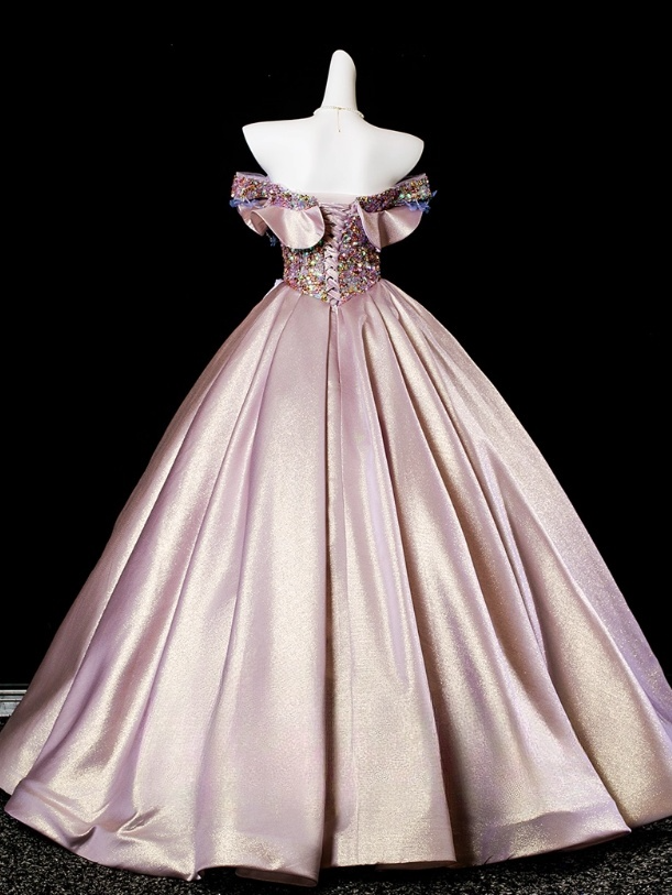 Elegant Pink Sequin Satin Prom Dress A-Line 3D Flowers Evening Gown Off-the-shoulder Party Dress Long Formal Dress DP6931