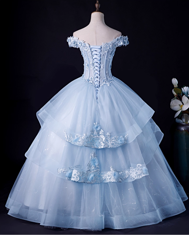 Chic Sky Blue Applique Prom Dress A-Line Ball Gown Off-the-shoulder Party Dress Long Formal Dress DP6933