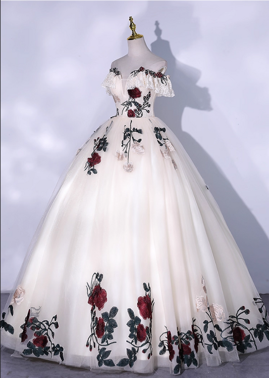 Chic Ivory Floral Applique Prom Dress A-Line Evening Gown Off-the-shoulder Party Dress Tulle Long Formal Dress DP6935