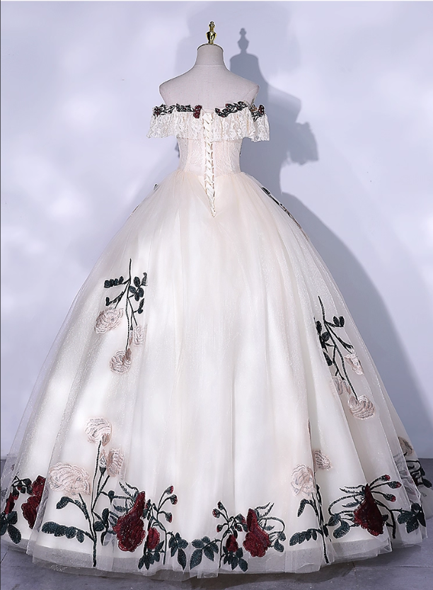 Chic Ivory Floral Applique Prom Dress A-Line Evening Gown Off-the-shoulder Party Dress Tulle Long Formal Dress DP6935