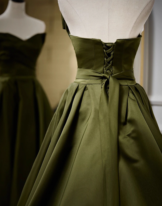 Elegant Army Green Satin Sweet 16 Quinceanera A-Line Strapless Evening Dress Floor Length Ball Gown DP6937