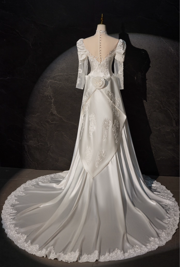 Elegant White Satin Applique Beaded A-Line Long-sleeved Long Wedding Dress DP6952