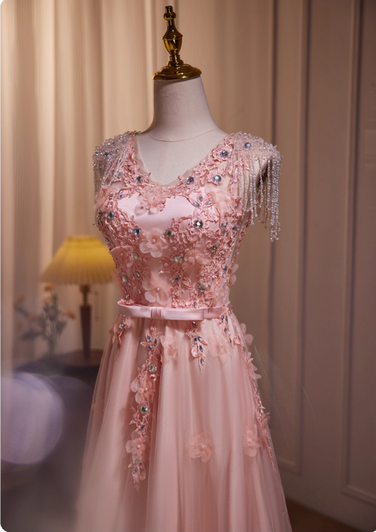 Vintage Pink Applique Beaded Prom Dress A-Line Evening Gown Sleeveless Party Dress Long Formal Dress DP6957