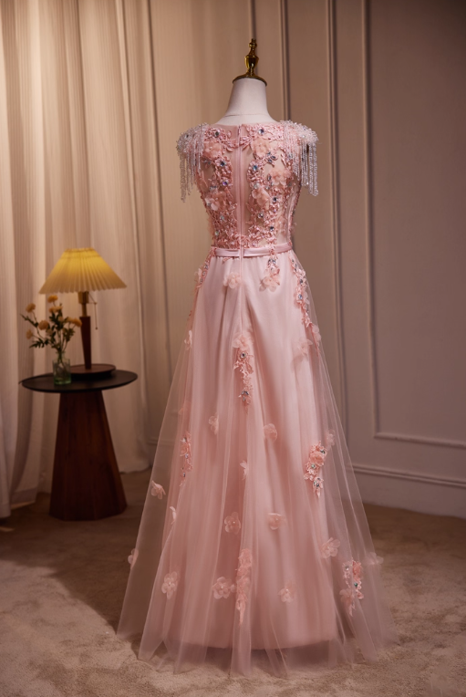 Vintage Pink Applique Beaded Prom Dress A-Line Evening Gown Sleeveless Party Dress Long Formal Dress DP6957