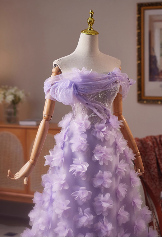 Vintage Lilac 3D Flowers Beaded Prom Dress A-Line Evening Gown Off-the-shoulder Party Dress Long Formal Dress DP6959