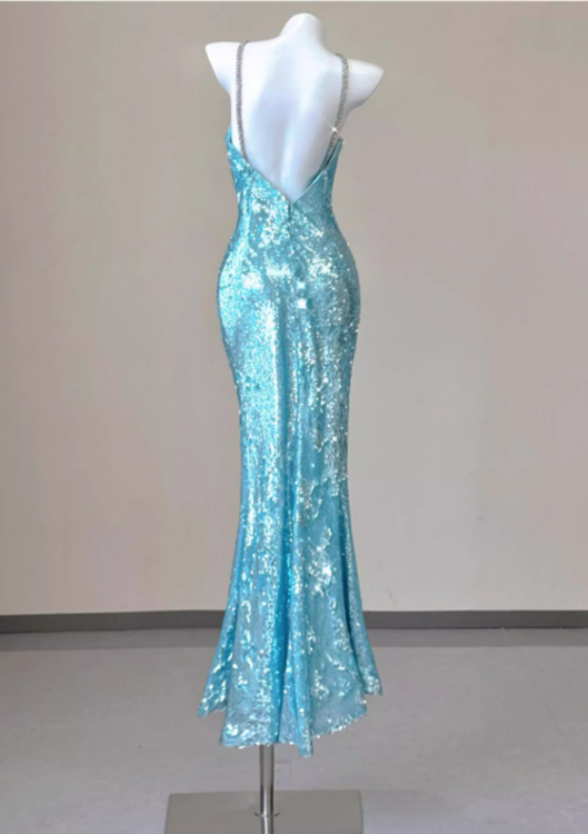 Vintage Sky Blue Mermaid Prom Dress Glittering Sequin Evening Gown Party Dress Long Formal Dress DP6961