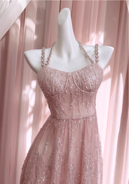 Vintage Pink Sheath Prom Dress Glittering Sequin Evening Gown Party Dress Long Formal Dress DP6962