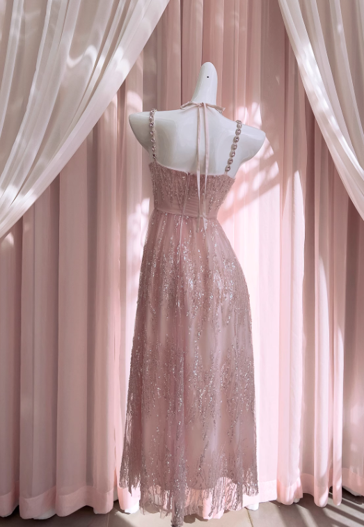 Vintage Pink Sheath Prom Dress Glittering Sequin Evening Gown Party Dress Long Formal Dress DP6962