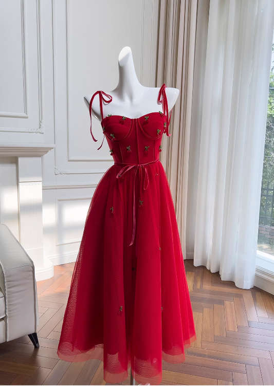 Vintage Red Cherry Applique Prom Dress A-Line Evening Gown Party Dress Spaghetti Strap Formal Dress DP6963