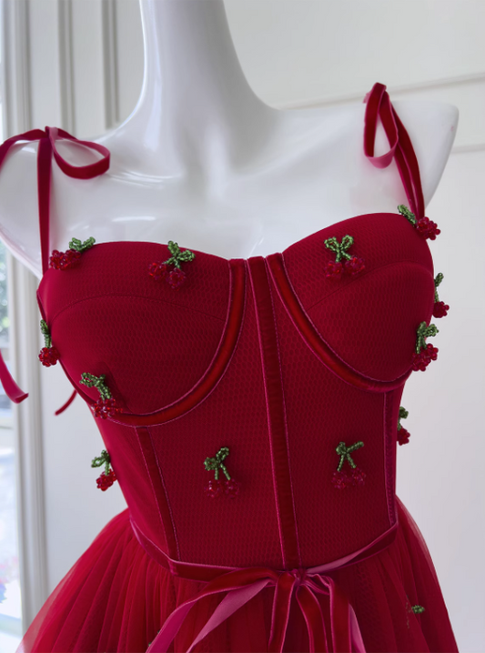 Vintage Red Cherry Applique Prom Dress A-Line Evening Gown Party Dress Spaghetti Strap Formal Dress DP6963