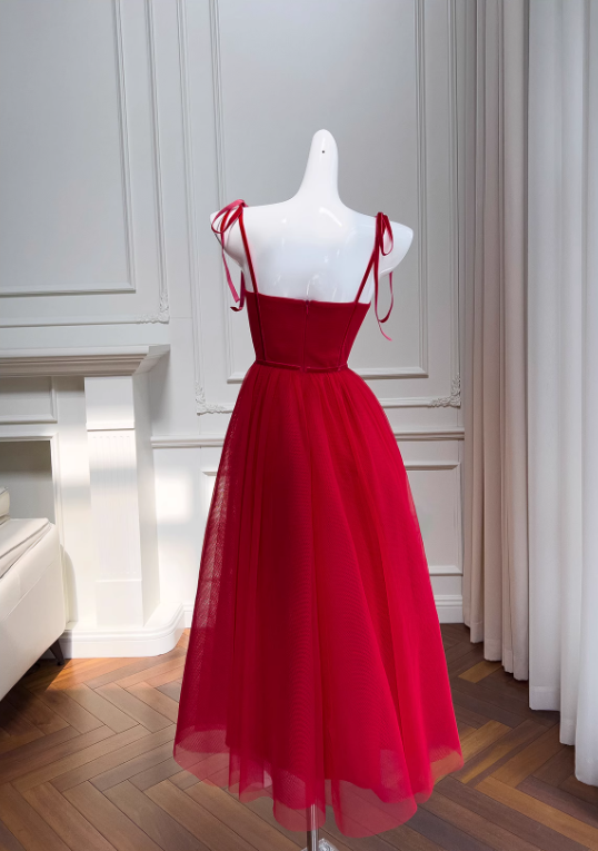 Vintage Red Cherry Applique Prom Dress A-Line Evening Gown Party Dress Spaghetti Strap Formal Dress DP6963