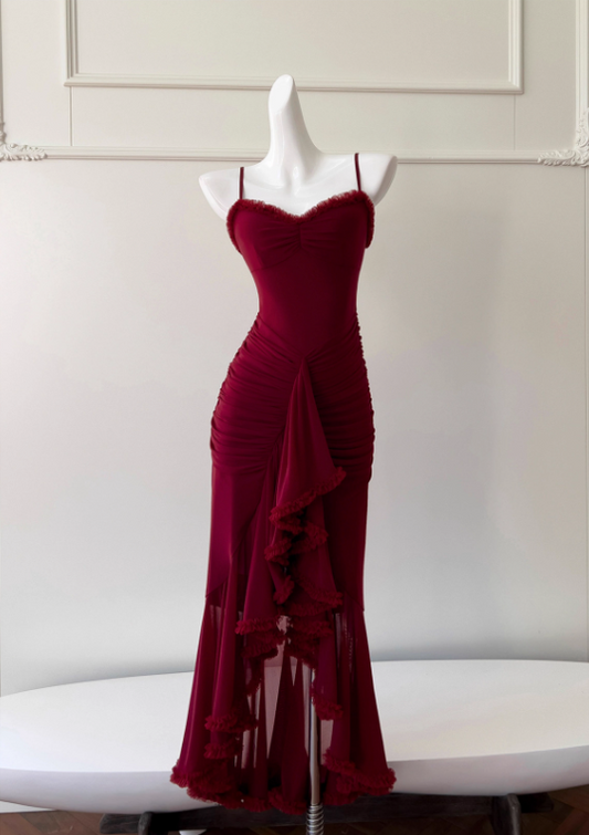 Vintage Burgundy Sweetheart Prom Dress Sheath Evening Gown Party Dress Spaghetti Strap Formal Dress DP6964