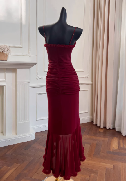 Vintage Burgundy Sweetheart Prom Dress Sheath Evening Gown Party Dress Spaghetti Strap Formal Dress DP6964