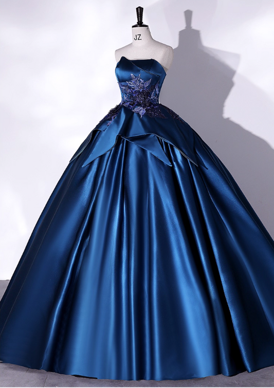 Elegant Royal Blue Applique Quinceanera A-Line Strapless Evening Dress Long Ball Gown DP6965