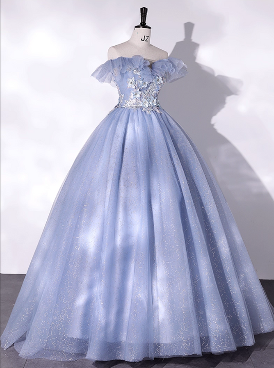 Elegant Hazy Blue Applique Quinceanera A-Line Off-the-shoulder Evening Dress Long Ball Gown DP6966