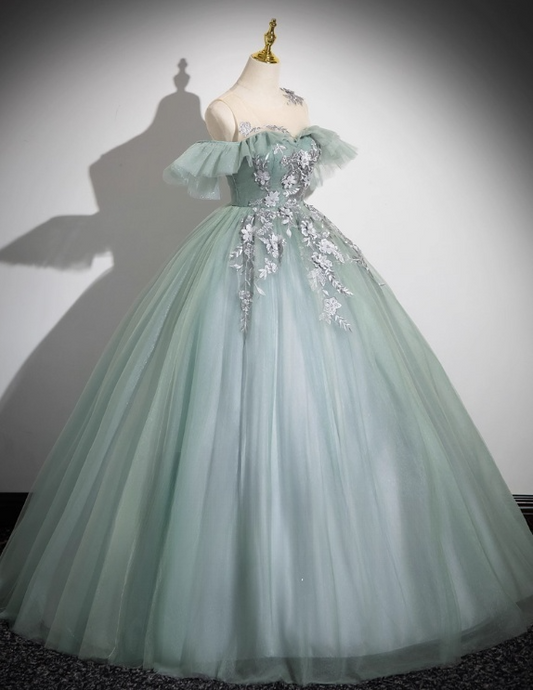 Elegantes Salbeigrün-Applikationen-Quinceanera-Tüll-Abendkleid, schulterfrei, langes Ballkleid DP6968