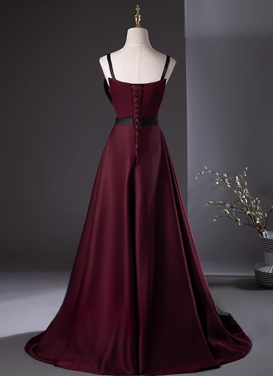 Vintage Burgundy Satin Prom Dress Sheath Evening Gown Party Dress Spaghetti Strap Formal Dress DP6970