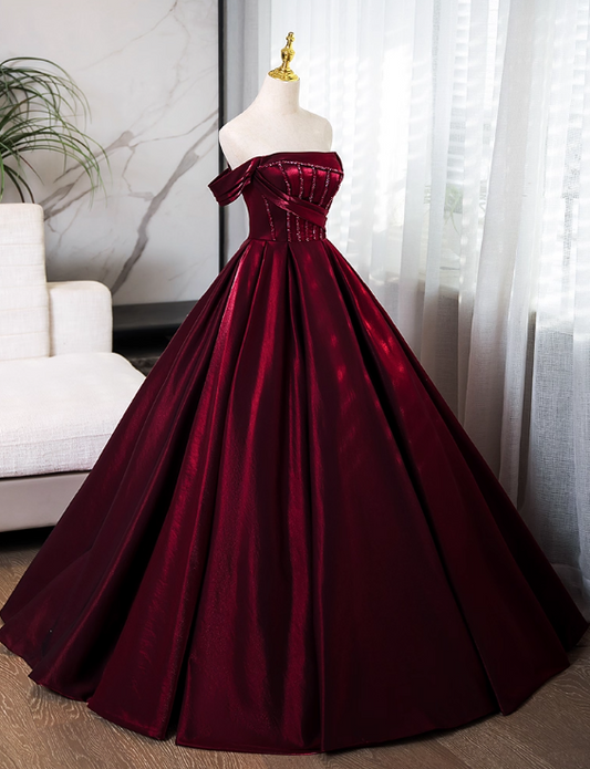 Elegant Burgundy Satin A-Line Quinceanera Off-the-shoulder Evening Dress Long Ball Gown DP6971