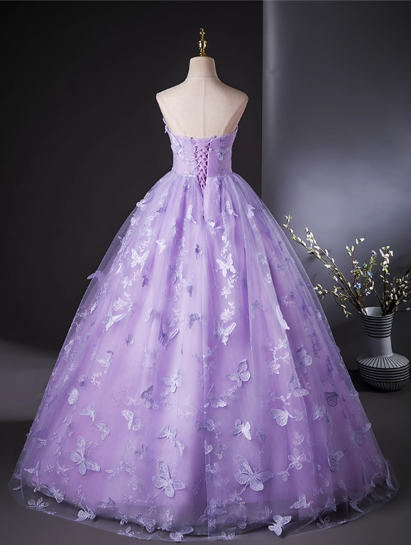 Elegant Lilac Tulle A-Line Quinceanera Butterflies Applique Strapless Evening Dress Long Ball Gown DP6974