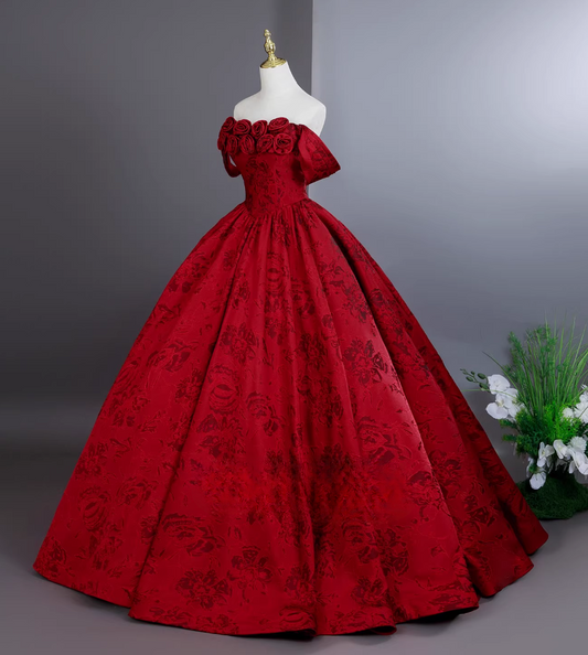 Vintage Red Retro Floral Print A-Line Quinceanera Off-the-shoulder Evening Dress Long Ball Gown DP6976