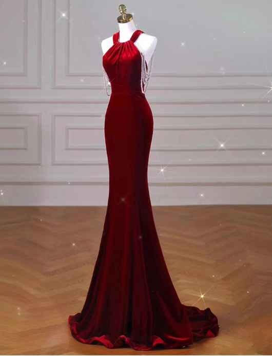 Vintage Burgundy Satin Prom Dress Mermaid Halter-Neck Evening Gown Party Dress Formal Dress DP6977