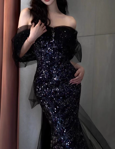 Vintage Black Sequin Prom Dress Mermaid Evening Gown Off-the-shoulder Party Dress Formal Dress DP6979
