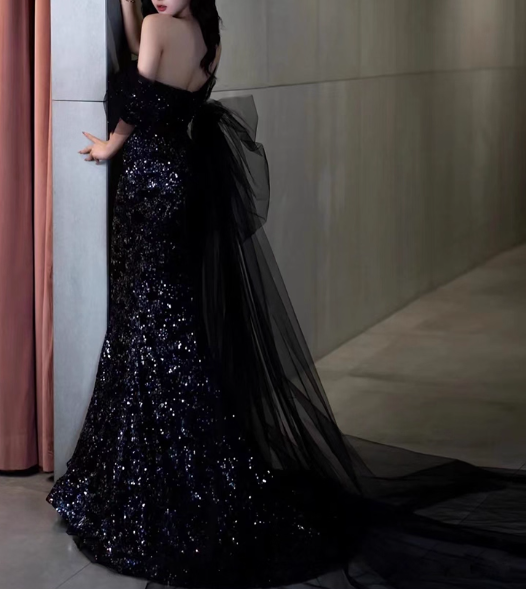 Vintage Black Sequin Prom Dress Mermaid Evening Gown Off-the-shoulder Party Dress Formal Dress DP6979