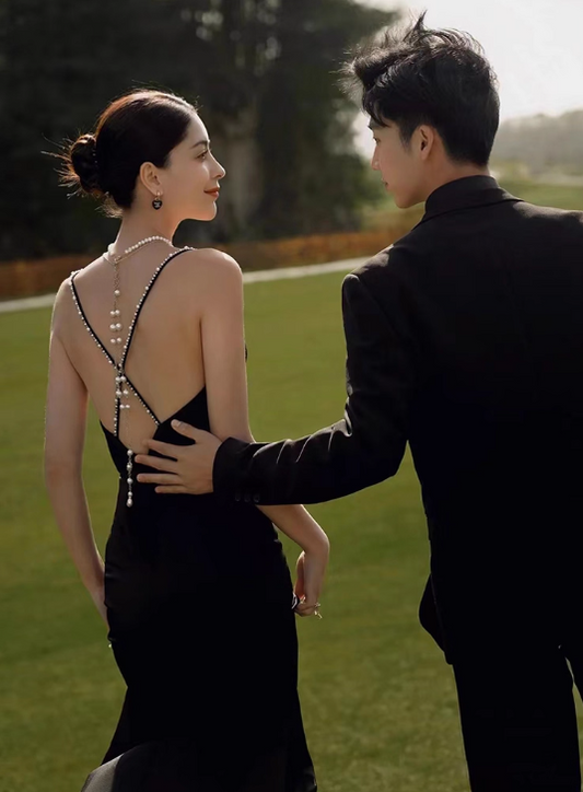 Vintage Black Satin Prom Dress Mermaid Evening Gown Spaghetti Strap Party Dress Formal Dress DP6980