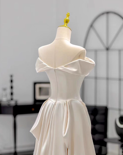 Elegant Ivory Satin A-Line Off-the-shoulder Long Wedding Dress DP6982
