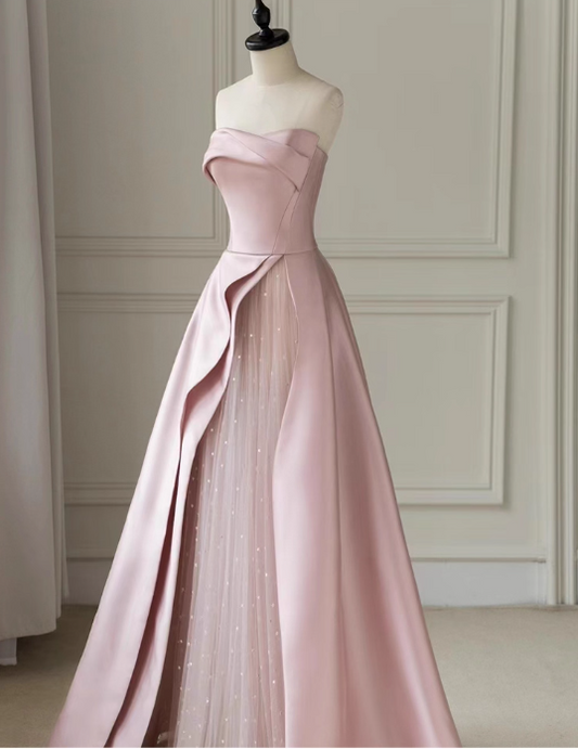 Vintage Pink Satin Prom Dress A-Line Evening Gown Strapless Sweetheart Party Dress Long Formal Dress DP6986