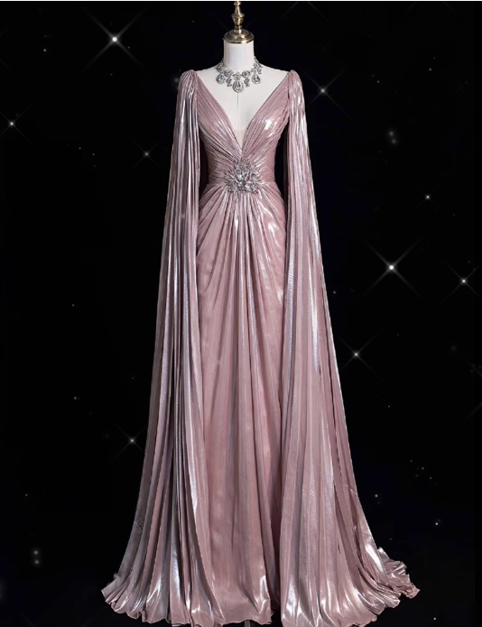 Vintage Pink Satin Prom Dress A-Line Beaded Evening Gown V-Neck Party Dress Long Formal Dress DP6988
