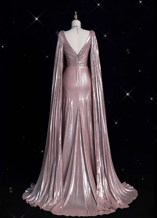 Vintage Pink Satin Prom Dress A-Line Beaded Evening Gown V-Neck Party Dress Long Formal Dress DP6988