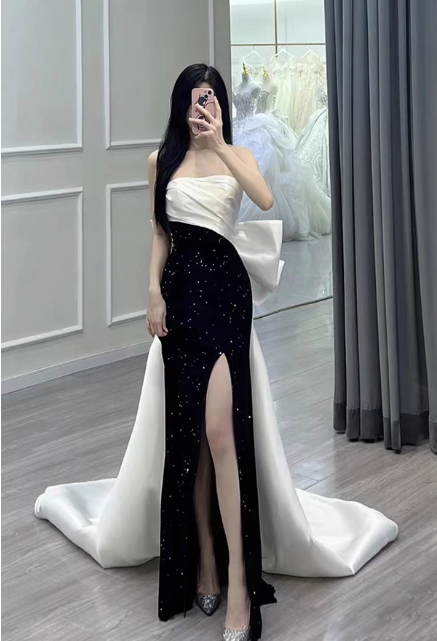 Vintage Satin Prom Dress Sheath Sequin Bow Evening Gown Strapless Party Dress Slit Long Formal Dress DP6989