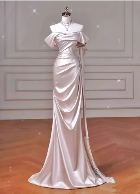 Vintage Pink Satin Prom Mermaid Evening Gown Off-the-shoulder Party Dress Long Formal Dress DP6991