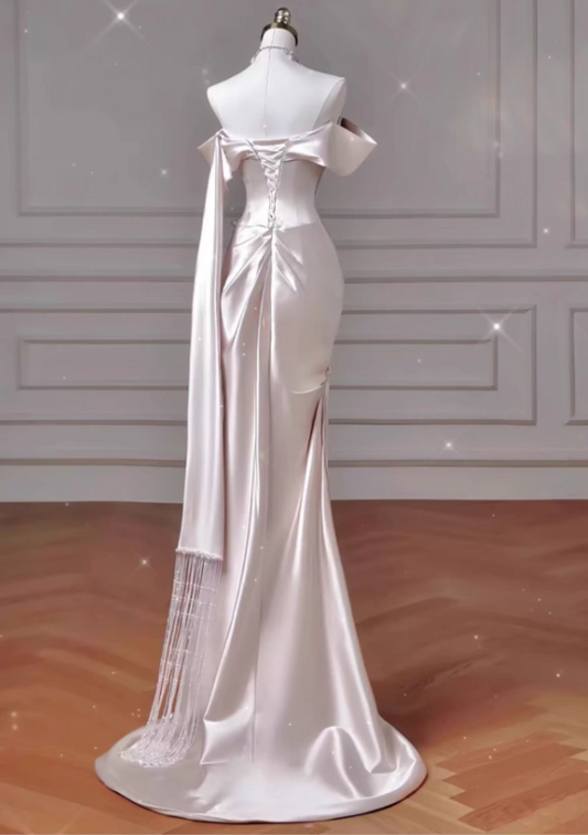 Vintage Pink Satin Prom Mermaid Evening Gown Off-the-shoulder Party Dress Long Formal Dress DP6991