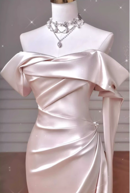 Vintage Pink Satin Prom Mermaid Evening Gown Off-the-shoulder Party Dress Long Formal Dress DP6991