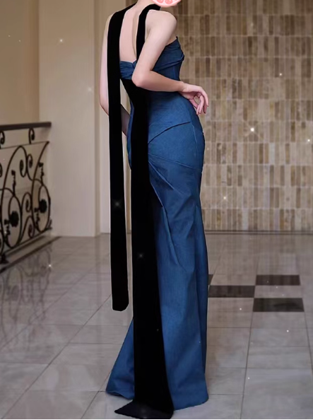 Vintage Navy Blue Sheath Prom Sweetheart Evening Gown Strapless Party Dress Long Formal Dress DP6992