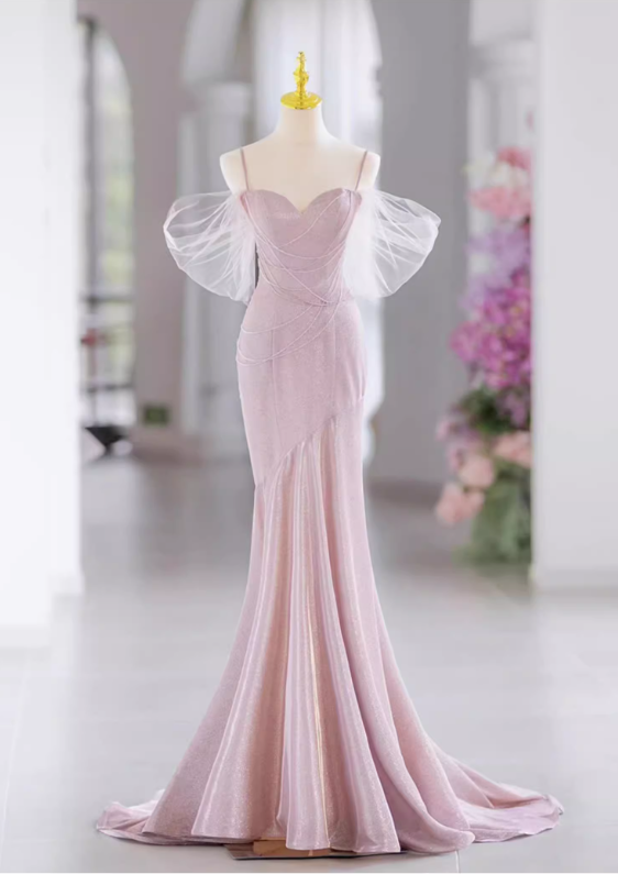 Vintage Pink Mermaid Prom Sweetheart Evening Gown Spaghetti Strap Party Dress Long Formal Dress DP6993
