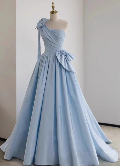 Vintage Sky Blue A-Line Prom Evening Gown One-shoulder Party Dress Long Formal Dress DP6994