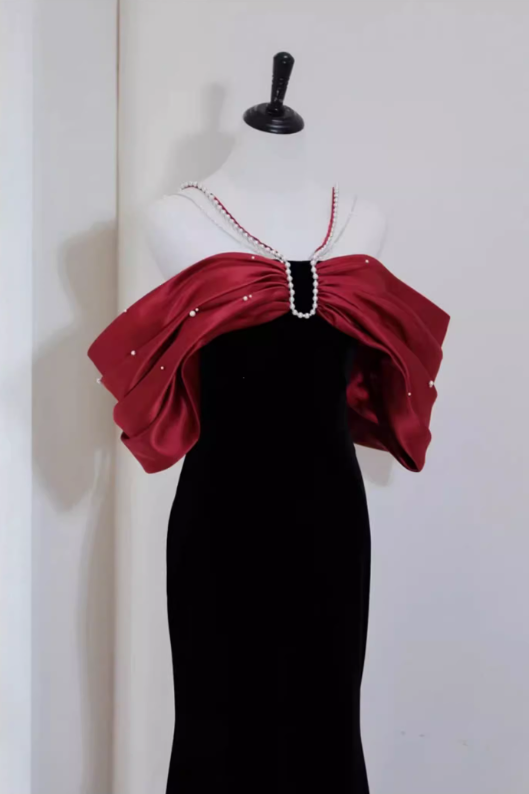 Elegant Black Sheath Prom Evening Gown Pearl Shoulder Strap Party Dress Long Formal Dress DP6995