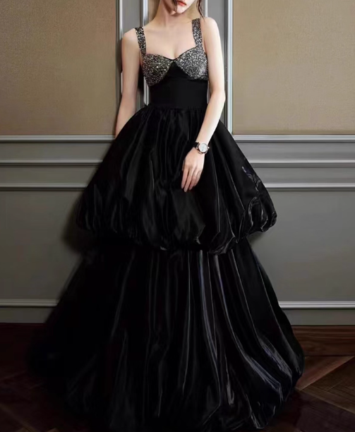 Elegant Black A-Line Ball Gown Tiered Straps Party Dress Long Formal Dress DP6996