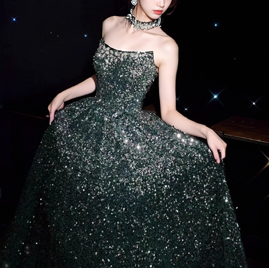 Elegant Dark Green A-Line Ball Gown Beaded Strapless Party Dress Long Formal Dress DP6997