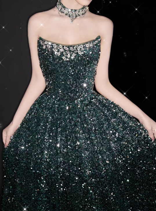 Elegant Dark Green A-Line Ball Gown Beaded Strapless Party Dress Long Formal Dress DP6997