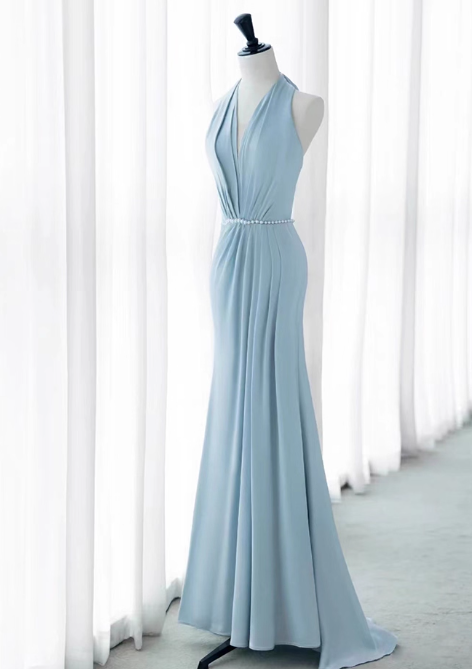 Elegant Sky Blue Mermaid Prom Dress Halter-Neck Party Dress Long Formal Dress DP6998