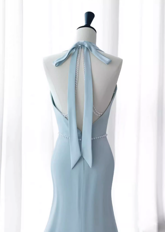 Elegant Sky Blue Mermaid Prom Dress Halter-Neck Party Dress Long Formal Dress DP6998